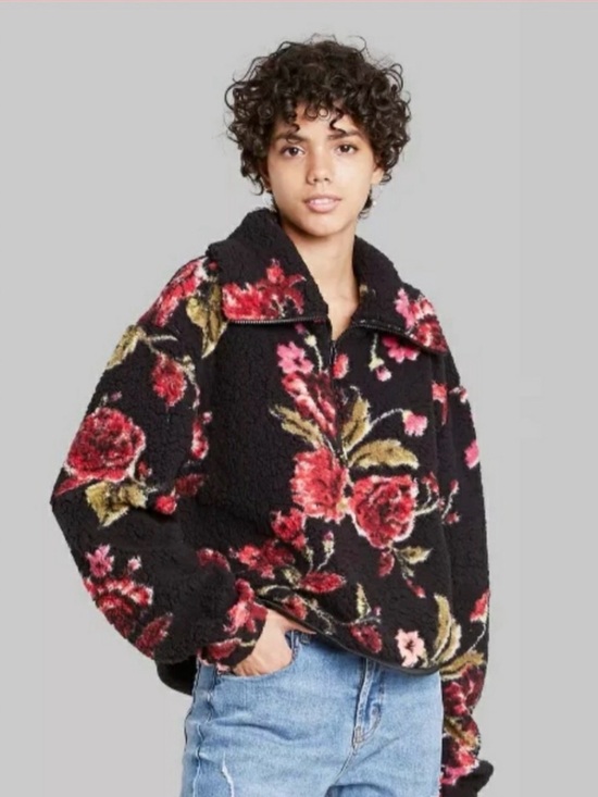 wild fable Jackets & Blazers - WILD FABLE Black Sherpa Quarter Zip Pullover with Pink & Red Floral Medium EUC